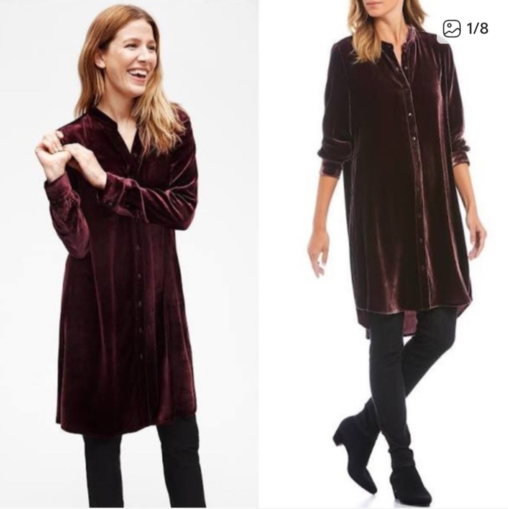 Eileen Fisher Velvet Mandarin Collar Burgundy Shirt Dress S/P